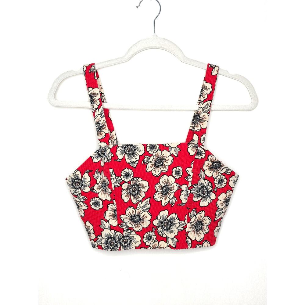 FOREVER 21 Red Ivory Floral Textured back-Zipper Crop Top